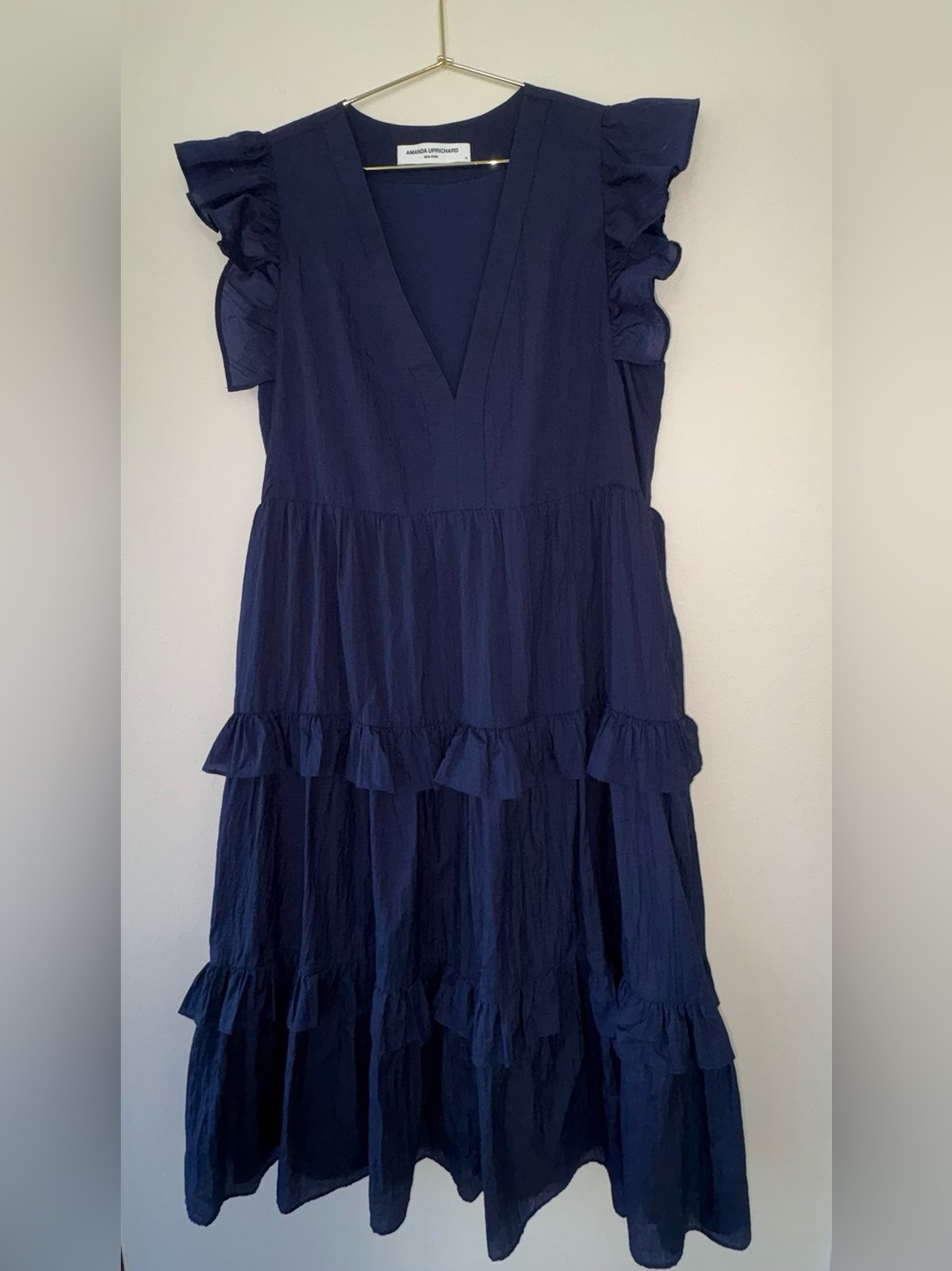 Amanda Uprichard Navy Ruffle Tiered Midi Dress Size Medium